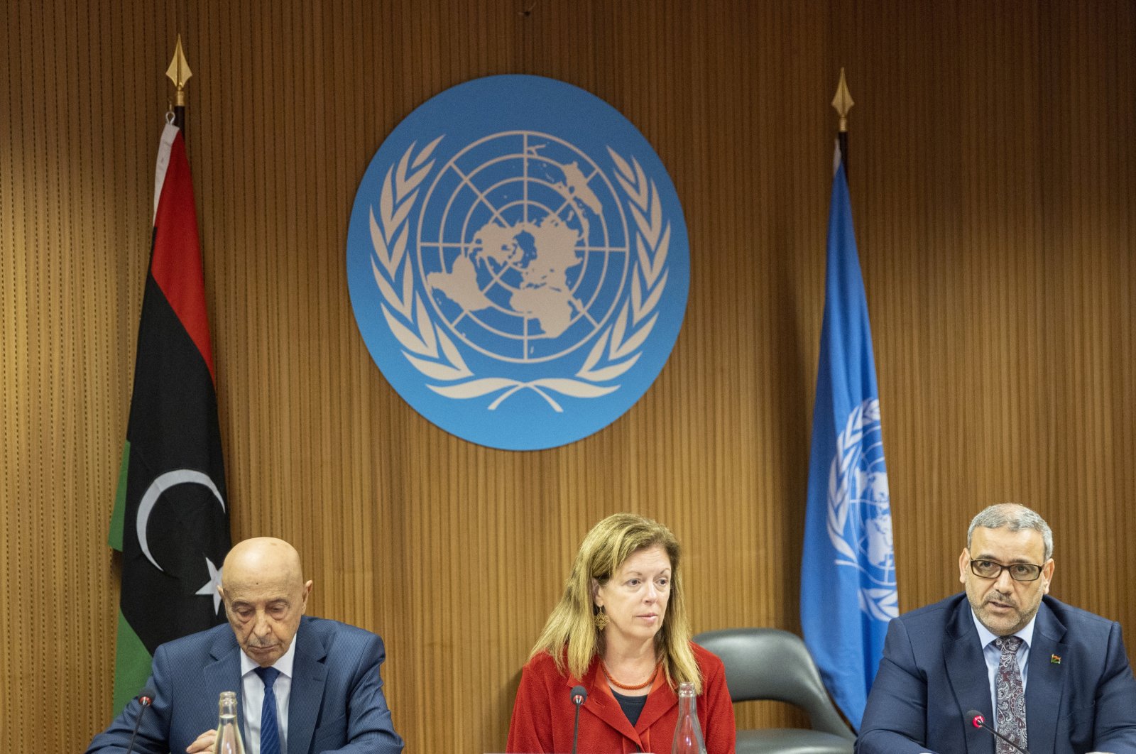 Speaker of the House of Representatives (HoR), Aguila Saleh, United Nations Special Adviser on Libya, Stephanie Williams and President of the High State Council of State (HSC), Khaled Al-Mishri, attend a High-level Meeting on Libya Constitutional Track at the United Nations in Geneva, Switzerland, June 28, 2022. (REUTERS Photo)