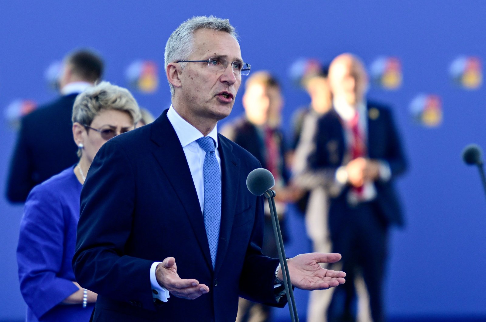 NATO Secretary-General Jens Stoltenberg talks to the press as he arrives for the NATO summit, Madrid, Spain, June 29, 2022. (AFP Photo)