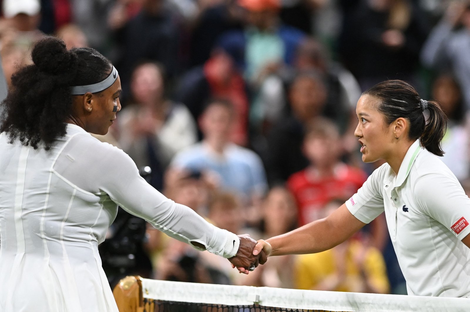France&#039;s Harmony Tan (R) shakes hands with U.S.&#039; Serena Williams after winning their Wimbledon Championships women&#039;s singles match, London, England, June 28, 2022. (AFP Photo)