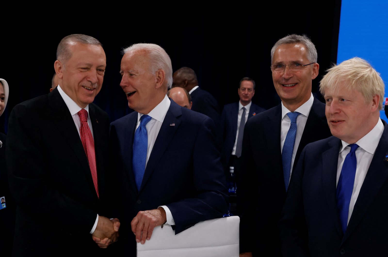 President Recep Tayyip Erdoğan (L), U.S. President Joe Biden (2nd L), NATO Secretary-General Jens Stoltenberg (2nd R) and British Prime Minister Boris Johnson attend the round table of the first meeting of a NATO summit in Madrid, Spain, June 29, 2022. (REUTERS)
