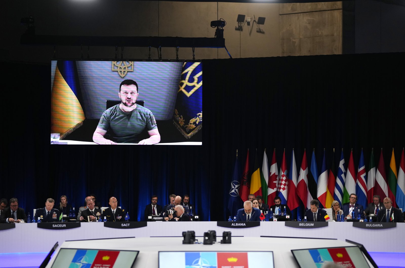 Ukraine&#039;s President Volodymyr Zelenskyy addresses leaders via video during a roundtable meeting at a NATO summit in Madrid, Spain, June 29, 2022. (AP Photo)