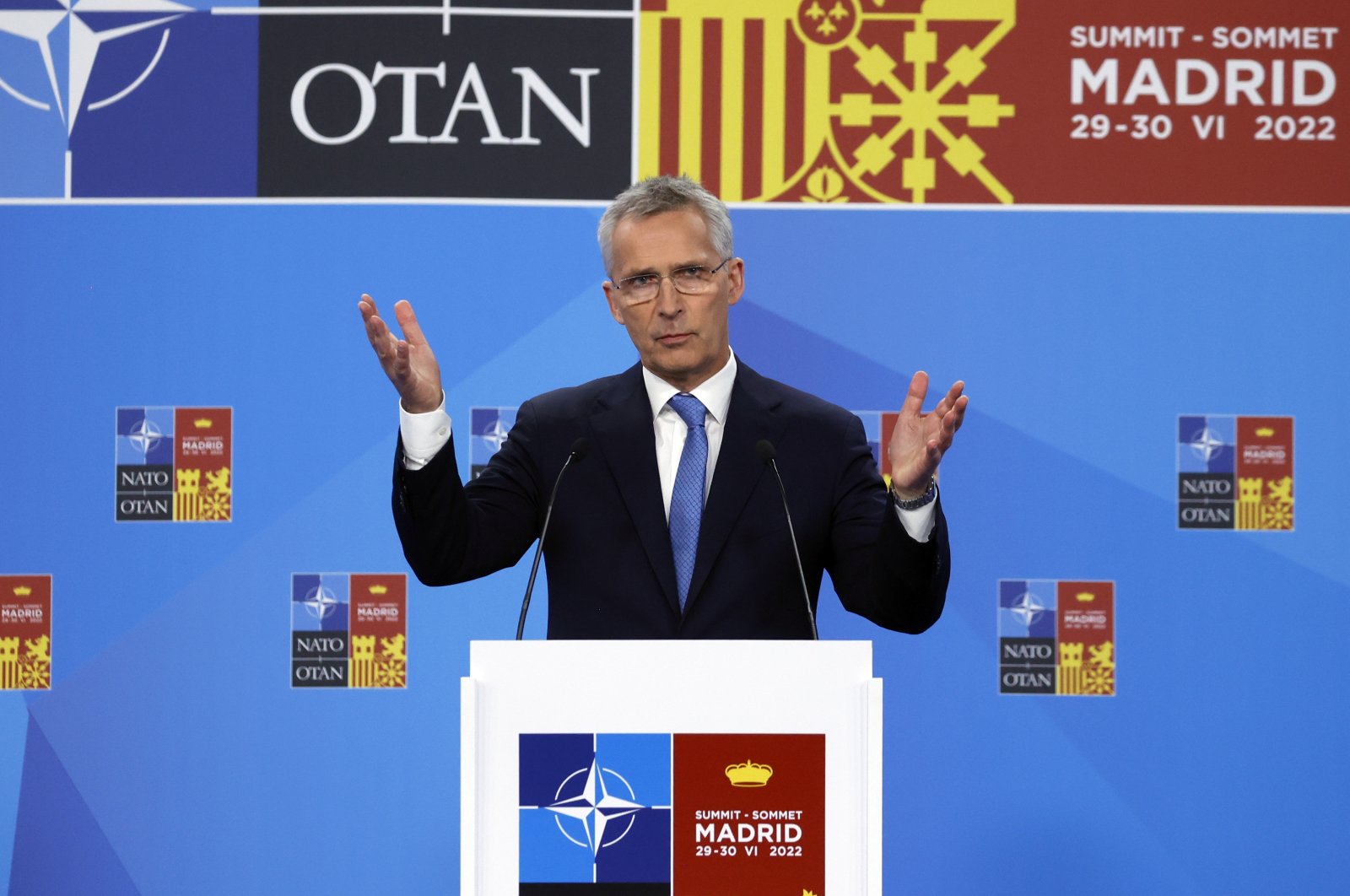 NATO Secretary-General Jens Stoltenberg gestures during a press conference on the first day of the NATO summit in Madrid, Spain, June 29, 2022. (EPA)