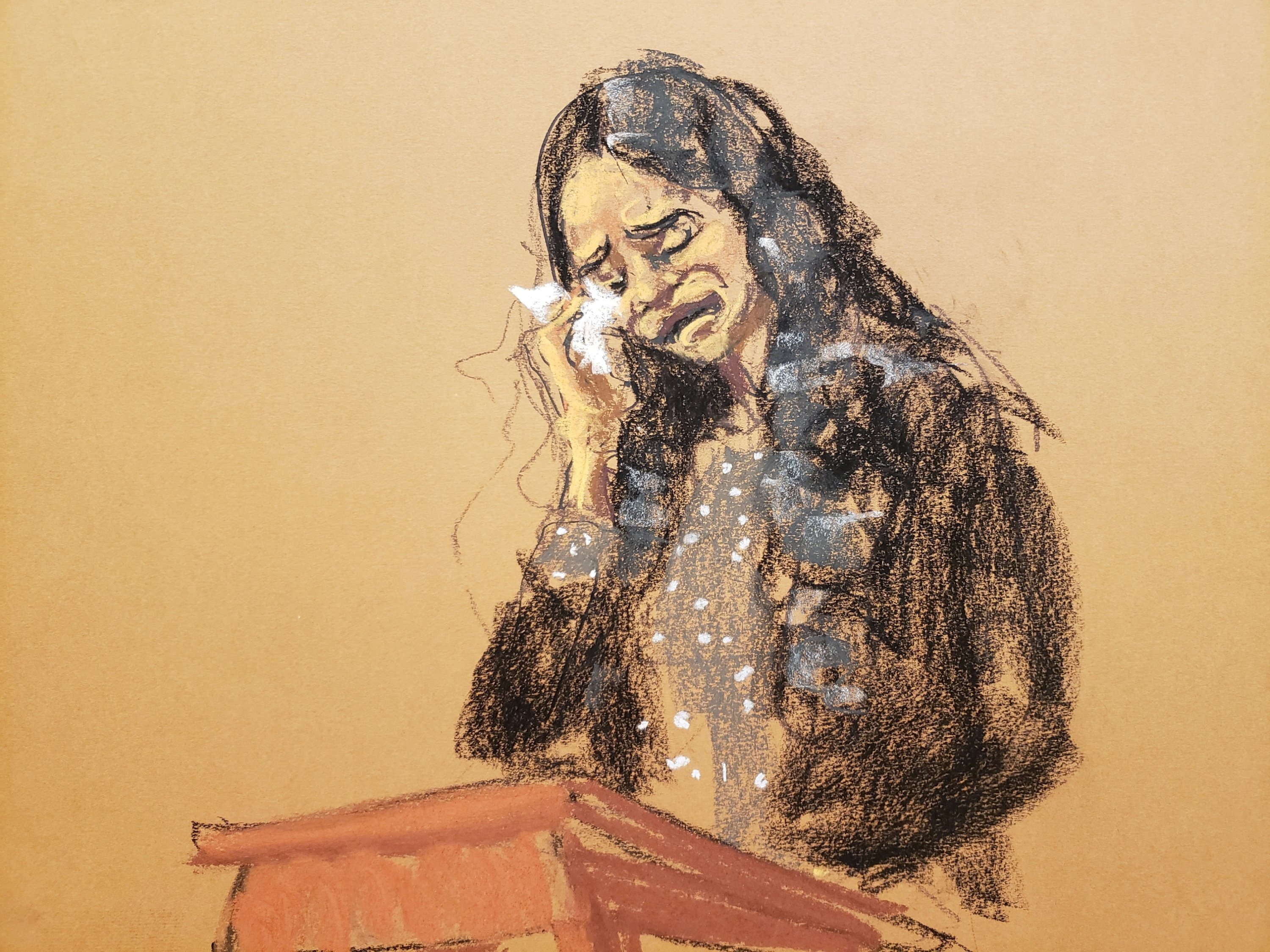 Kitti Jones berbicara selama pernyataan korban di sidang vonis R. Kelly untuk perdagangan seks federal di Gedung Pengadilan Federal Brooklyn di Brooklyn, New York, AS, 29 Juni 2022, dalam sketsa ruang sidang ini.  (Foto REUTERS)