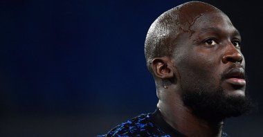 Inter Milan's Romelu Lukaku prior to a Serie A match against Napoli, Naples, Italy, April 18, 2021. (AFP Photo)