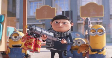 This image released by Universal Pictures shows characters, from left, Stuart, Gru, voiced by Steve Carell, Bob and Kevin in a scene from &quot;Minions: The Rise of Gru.&quot; (AP)