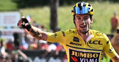 Primoz Roglic after winning the Criterium du Dauphine cycling race, Haute-Savoie, France, June 12, 2022. (AFP Photo)