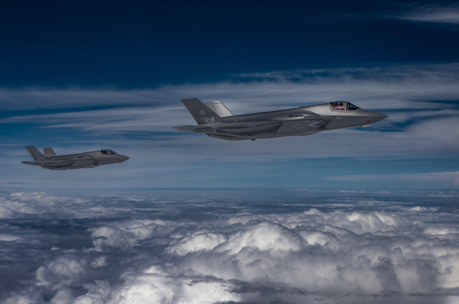 Two Italian Air Force F-35A multirole combat aircraft fly at an undisclosed location during the NATO-led defense operation &quot;Air Policing Northern Lightning III&quot; from the Keflavik Air Base in Iceland, June 27, 2022. (EPA Photo)