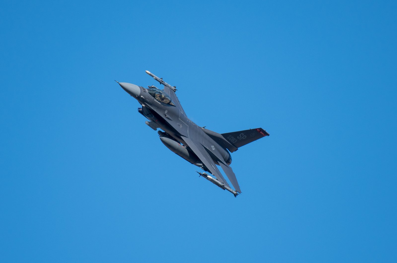 A U.S. F-16 fighter jet flies over the Eifel region near Spangdahlem, Germany, Feb. 23, 2022. (Reuters Photo)