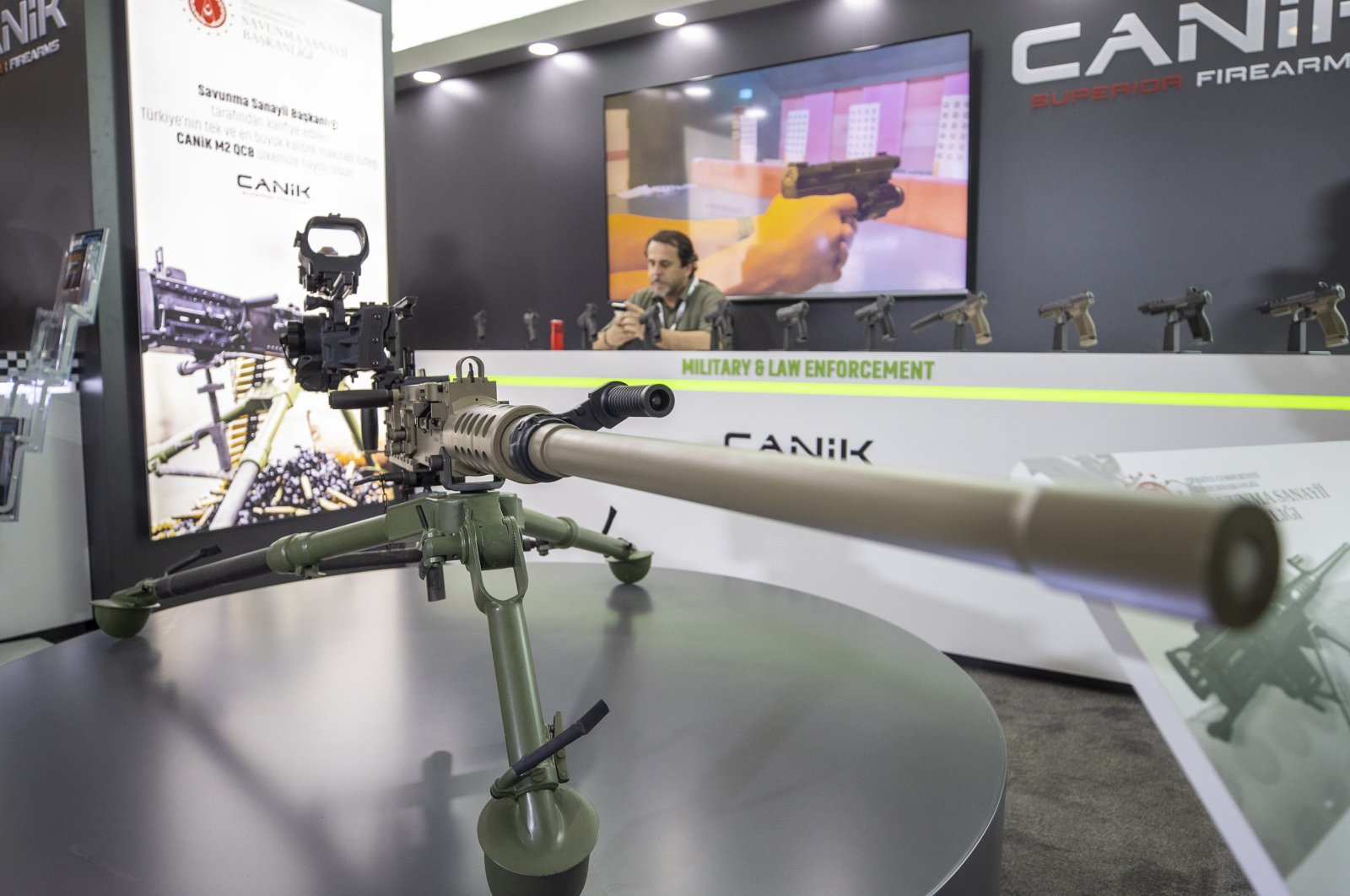 A CANiK M2 QCB heavy machine gun is showcased at SEDEC fair, Ankara, Turkey, June 30, 2022. (AA Photo)