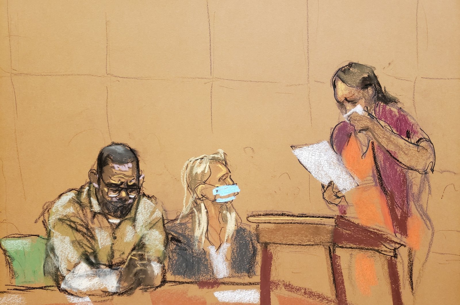 Witness &quot;Addie&quot; speaks during a victim statement at R. Kelly&#039;s sentencing hearing for federal sex trafficking at the Brooklyn Federal Courthouse in Brooklyn, New York, U.S., June 29, 2022, in this courtroom sketch. (REUTERS Photo)