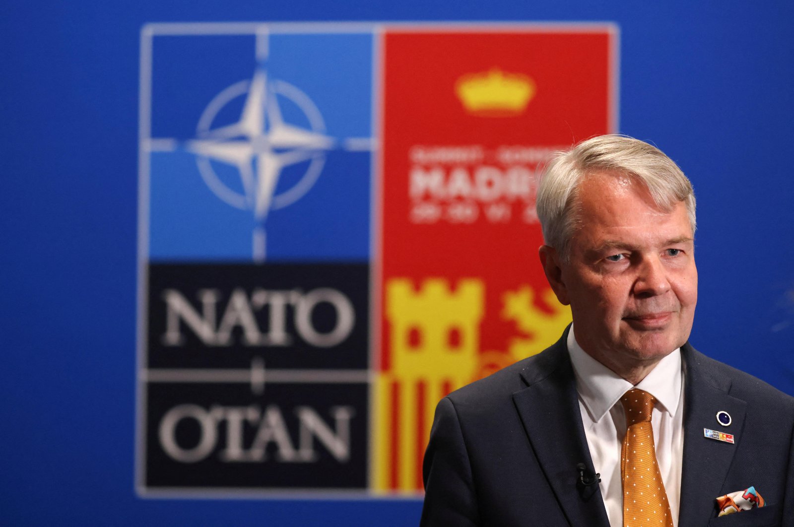 Finland&#039;s Foreign Minister Pekka Haavisto speaks to journalists during the NATO summit in Madrid, Spain June 29, 2022. (REUTERS)
