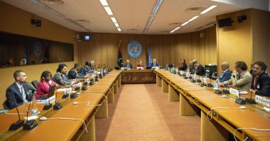 (L-R) Speaker of Libyan House of Representatives (HoR) Aguila Saleh, United Nations Special Adviser on Libya Stephanie Williams and President of Libya's High State Council of State (HSC) Khaled Al-Mishri give a press conference after a high-level meeting on Libya Constitutional track at the United Nations in Geneva, June 28, 2022. (AFP Photo)