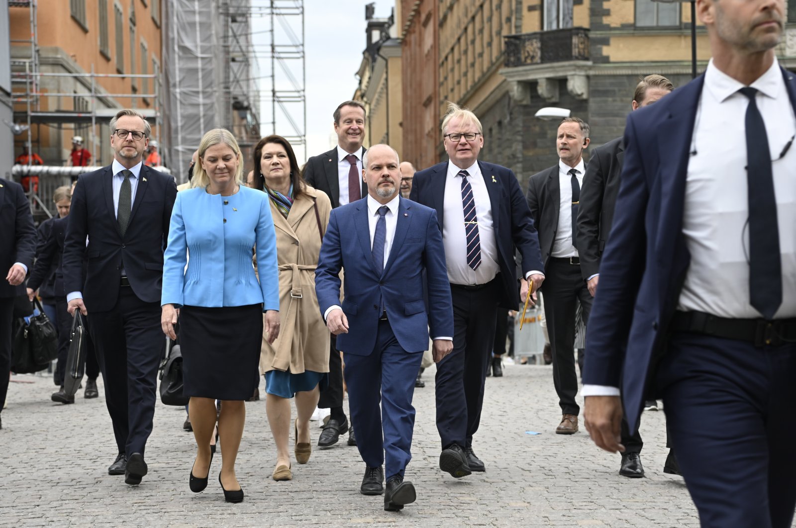 Swedish Prime Minister Magdalena Andersson (L) leads Cabinet members to a no-confidence vote in the Swedish parliament in Stockholm, Sweden, June 7, 2022. (EPA Photo)