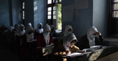 Afghan girls participate a lesson at Tajrobawai Girls High School, Herat, Afghanistan, Nov. 25, 2021. (AP Photo)