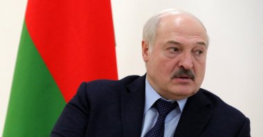 Belarusian President Alexander Lukashenko attends a meeting with Russian President Vladimir Putin at the Vostochny Cosmodrome in Amur Region, Russia, April 12, 2022. (Kremlin via Reuters)