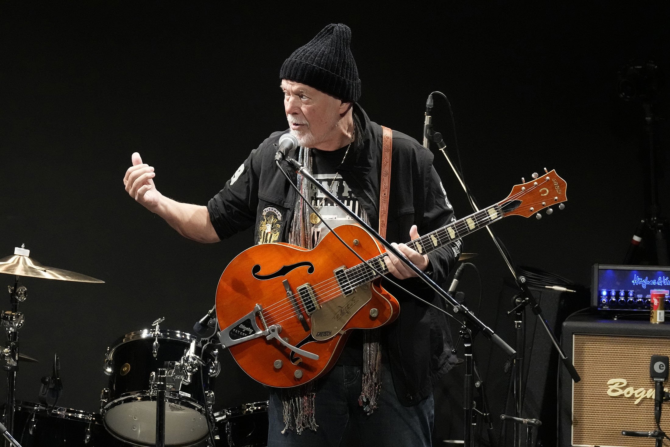 Canadian rock legend Randy Bachman performs as he plays with his reunited Gretsch guitar during the Lost and Found Guitar Exchange Ceremony, at Canadian Embassy in Tokyo, Japan, July 1, 2022. (AP Photo)