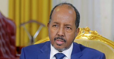 Somalia's President Hassan Sheikh Mohamud speaks during a Reuters interview inside his office at the Presidential palace in Mogadishu, Somalia May 28, 2022. Picture taken May 28, 2022. REUTERS/Feisal Omar/File Photo