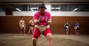 Ukrainian sumo wrestler Ivanna Berezovska attends a training session, in Soka, Japan, July 3, 2022. (AFP PHOTO)