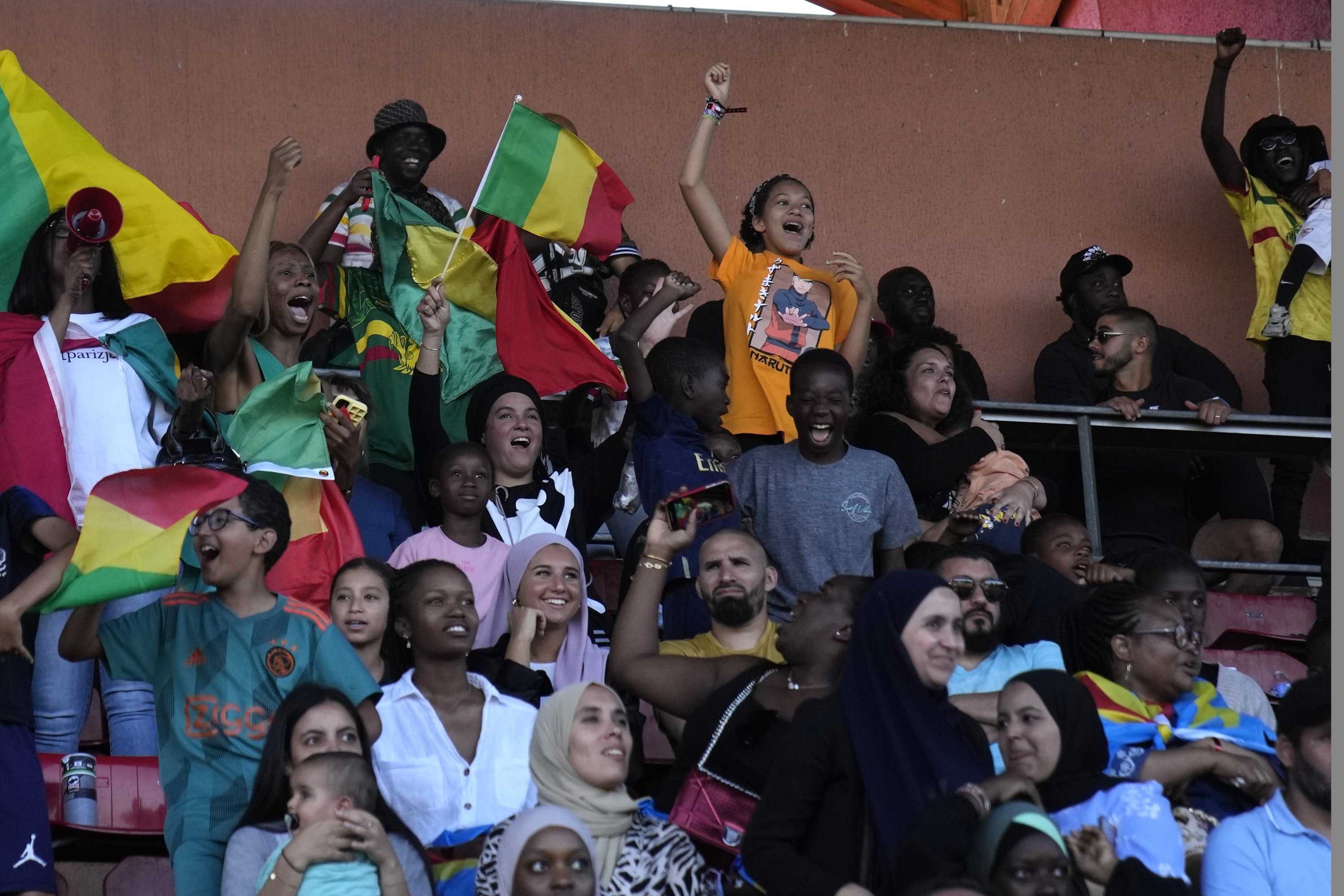 Fans menyemangati para pemain selama pertandingan final piala nasional lingkungan kelas pekerja antara tim yang mewakili pemain dengan warisan Mali melawan satu dengan akar Kongo, di Creteil, di luar Paris, Prancis, Sabtu, 2 Juli 2022. (AP Photo)