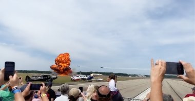 A still shot taken from Reuters' video showing jet truck's explosion moment at the Battle Creek Field of Flight Air Show, causing the driver Chris Darnell's death, Michigan, U.S., July 2, 2022. 