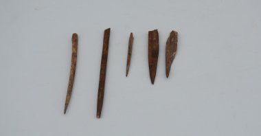 A view of the needles found in the Yeşilova and Yassıtepe mounds, Izmir, western Turkey, June 3, 2022. (DHA Photo)