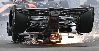 Alfa Romeo's Guanyu Zhou during a crash at the F1 British GP, Silverstone, England, July 3, 2022. (AFP Photo)