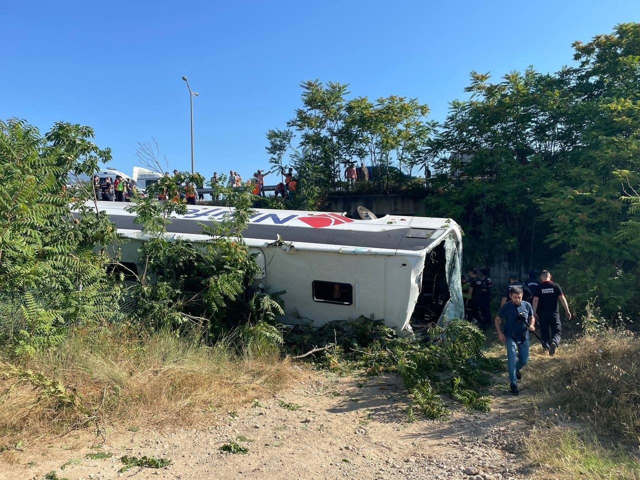 A view of the overturned bus, in Kırklareli, northwestern Turkey, July 5, 2022. (AA PHOTO)