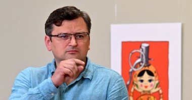 Ukraine's Foreign Minister Dmytro Kuleba speaks during the opening ceremony of an exhibition of political placards on the Russian invasion of Ukraine, Kyiv, Ukraine, June 28, 2022. (AFP Photo)