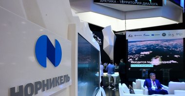 A picture shows the logo of Russia&#039;s metals and mining company Nornickel during the St. Petersburg International Economic Forum (SPIEF), at the ExpoForum convention and exhibition center in St. Petersburg, Russia, June 15, 2022. (Photo by Olga MALTSEVA / AFP)