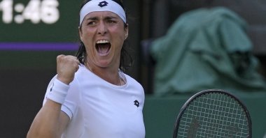 Ons Jabeur celebrates after winning a point against Marie Bouzkova in the Wimbledon women's singles quarterfinal, London, England, July 5, 2022. (AP Photo)