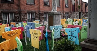 Shirts representing victims of gun violence in Harrisburg are displayed in a memorial at St. Francis Catholic Church, Pennsylvania, U.S., June 22, 2022. (AFP Photo)