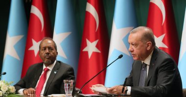 President Recep Tayyip Erdoğan (R) speaks at a joint press conference with his Somali counterpart Hassan Sheikh Mohamud in the capital Ankara, Turkey, July 6, 2022. (AA Photo)