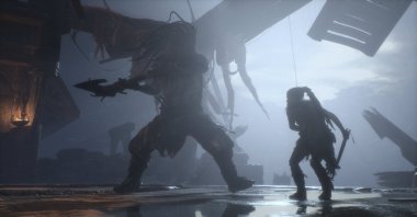 Senua fighting with a boss in Senua&#039;s Sacrifice. (Photo courtesy of Ninja Theory)
