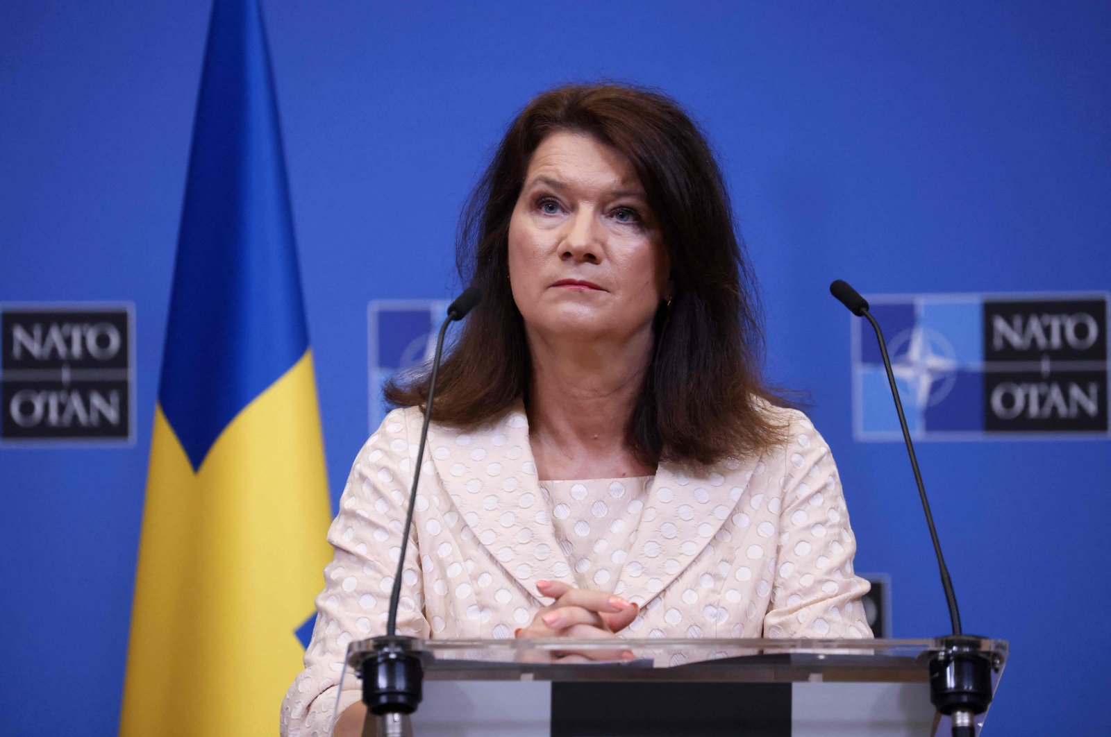 Swedish Foreign Minister Ann Linde gives a press conference after the signing of the accession protocols of Finland and Sweden at the NATO headquarters in Brussels, Belgium, July 5, 2022. (AFP Photo)