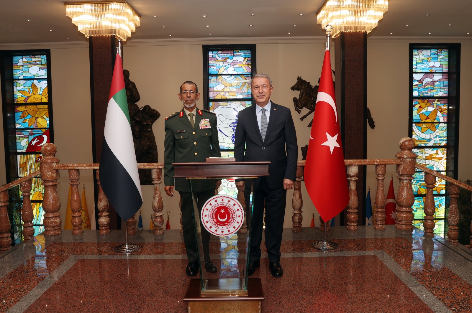 Defense Minister Hulusi Akar (R) receives United Arab Emirates (UAE) Chief of Staff Lt. Gen. Hamad Mohammed Thani Al Rumaithi in the capital Ankara, Turkey, July 5, 2022. (AA Photo)