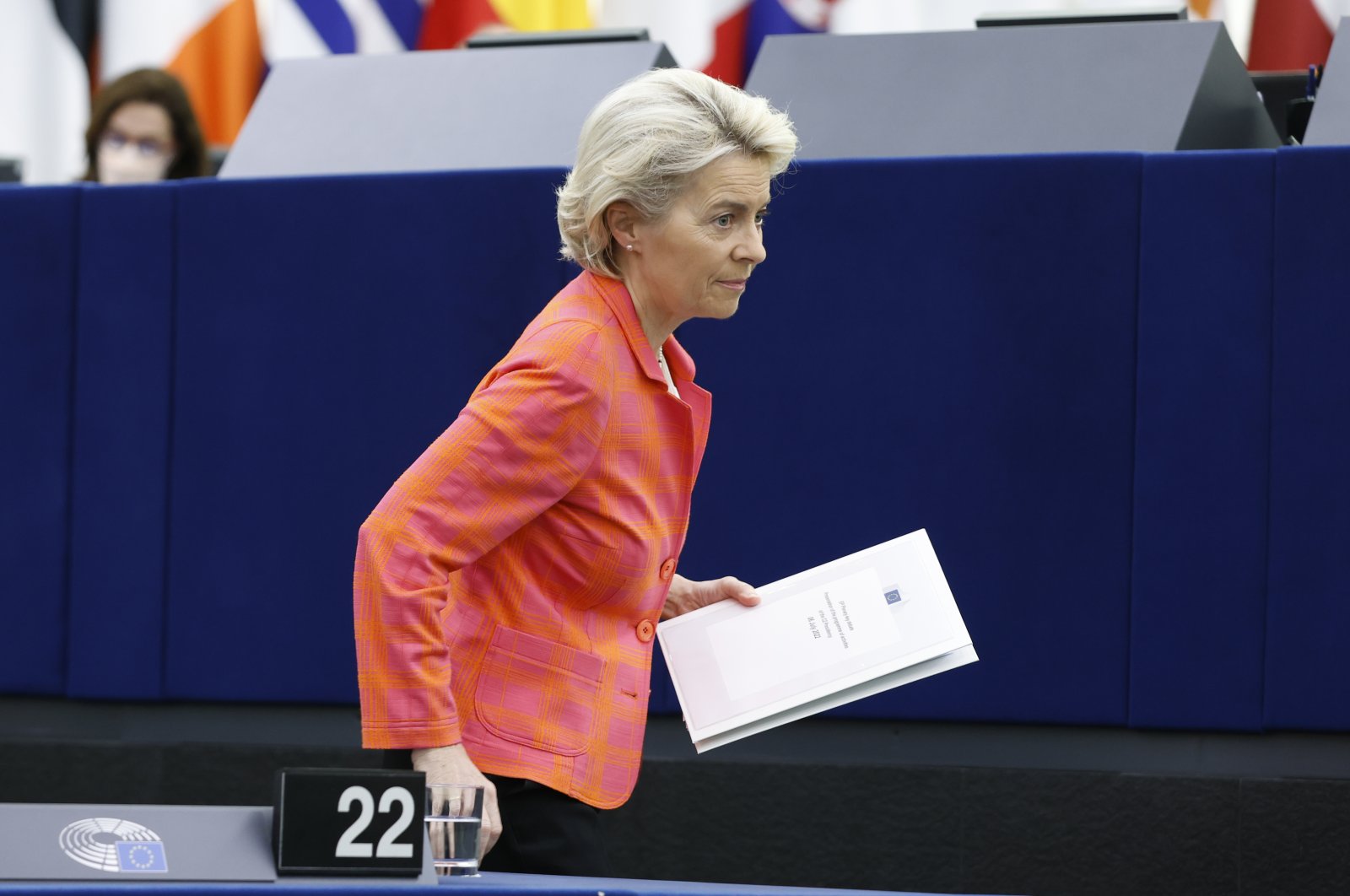 European Commission President Ursula von der Leyen leaves after delivering her speech at the European Parliament during the presentation of the program of activities of the Czech Republic&#039;s EU presidency, in Strasbourg, eastern France, July 6, 2022. (AP Photo)