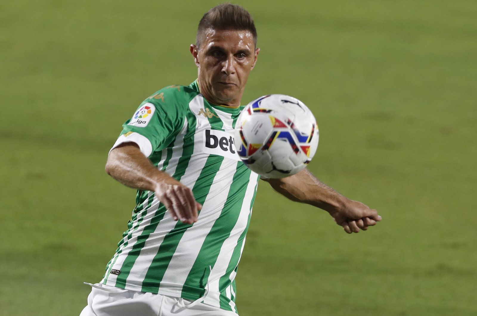 Betis&#039; Joaquin in action during a La Liga match against Real Madrid, Seville, Spain, Sept. 26, 2020. (AP Photo)
