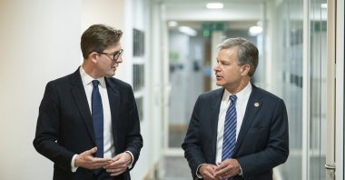 MI5 Director General Ken McCallum (L) and FBI Director Christopher Wray meet at MI5 headquarters, in central London, U.K., July 6, 2022. (AP Photo)