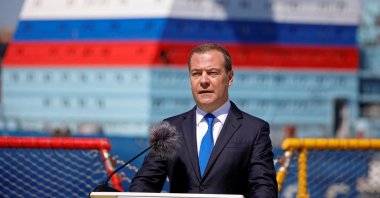 Dmitry Medvedev, deputy chairperson of Russia&#039;s Security Council, delivers a speech during a ceremony marking Shipbuilder&#039;s Day in Saint Petersburg, Russia, June 29, 2022. (Reuters Photo)