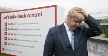 British President Boris Johnson attends a "Vote Leave" poster launch and campaign event in London, U.K., June 4, 2016. (EPA Photo)