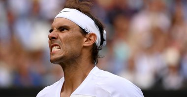 Rafa Nadal reacts during the Wimbledon quarterfinal against Taylor Fritz, London, England, July 6, 2022. (AA Photo)