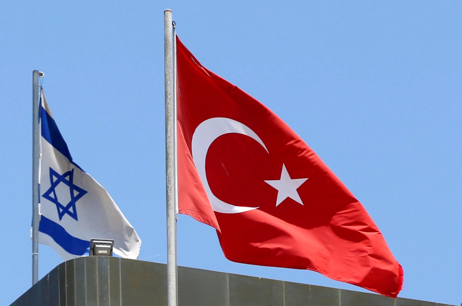 A Turkish flag flutters atop the Turkish Embassy as an Israeli flag is seen nearby, in Tel Aviv, Israel, June 26, 2016. (Reuters File Photo)