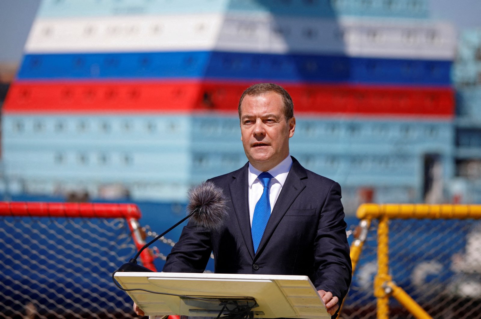 Dmitry Medvedev, deputy chairperson of Russia&#039;s Security Council, delivers a speech during a ceremony marking Shipbuilder&#039;s Day in Saint Petersburg, Russia, June 29, 2022. (Reuters Photo)