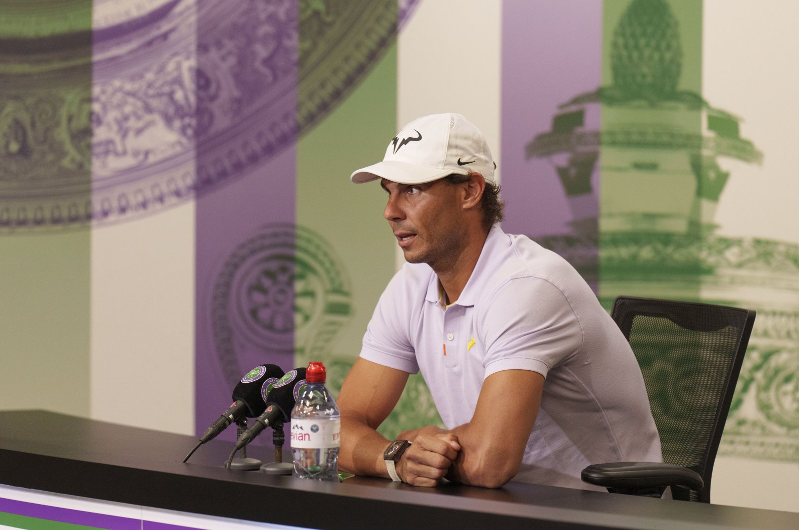 Spain’s Rafael Nadal announces that he is withdrawing from the men’s singles semifinal match at the Wimbledon tennis championships, in London, England, Thursday, July 7, 2022. (AP Photo)