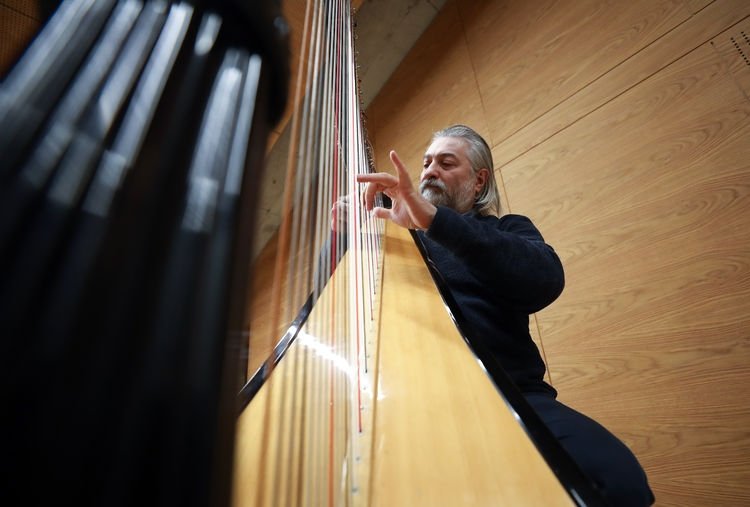 Çağatay Akyol poses while playing harp. (AA) 