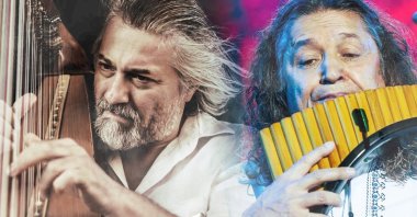 This photo combination shows harpist Çağatay Akyol (L) and pan flutist Aydın Yavaş while performing with their instruments. (Edited by Büşra Öztürk)