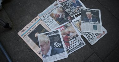 Newspapers reporting the resignation of Boris Johnson are seen on the floor at Downing Street in London, Britain, July 8, 2022. (Reuters Photo)