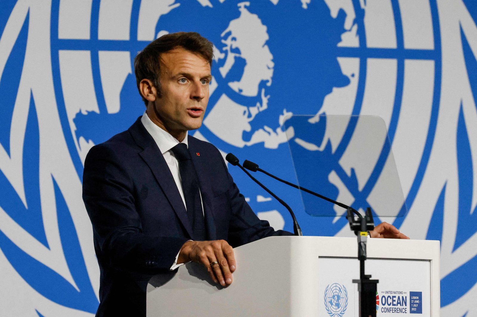 France&#039;s President Emmanuel Macron delivers a speech as part of a U.N. conference on oceans, Lisbon, Portugal, June 30, 2022. (AFP Photo)
