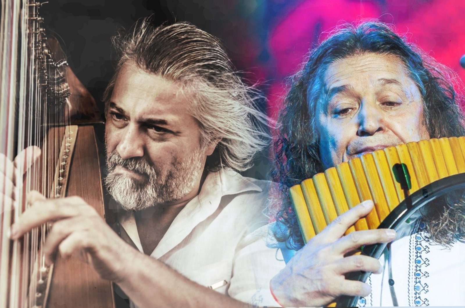 This photo combination shows harpist Çağatay Akyol (L) and pan flutist Aydın Yavaş while performing with their instruments. (Edited by Büşra Öztürk)
