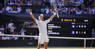 Novak Djokovic of Serbia celebrates winning the men's final match against Nick Kyrgios of Australia at the Wimbledon Championships, in Wimbledon, Britain, July 10, 2022. (EPA Photo)